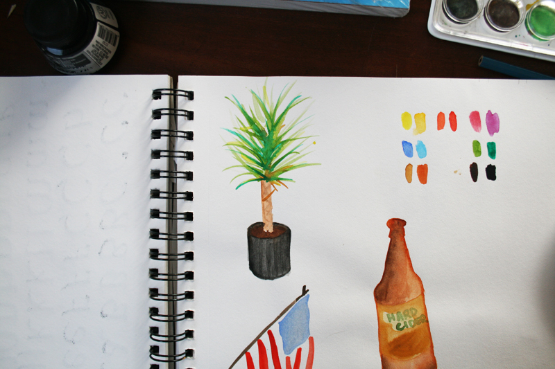 watercolor plant, colors, flag, and bottle